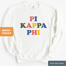 Load image into Gallery viewer, Pi Kappa Phi Sweatshirt - Pi Kapp Retro Letters Crewneck Sweatshirt - Kite and Crest
