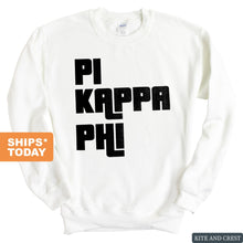 Load image into Gallery viewer, Pi Kappa Phi Sweatshirt - Pi Kapp Stacked Letters Crewneck Sweatshirt - Kite and Crest
