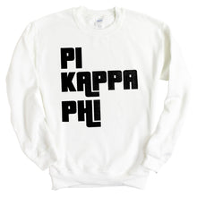 Load image into Gallery viewer, Pi Kappa Phi Sweatshirt - Pi Kapp Stacked Letters Crewneck Sweatshirt - Kite and Crest
