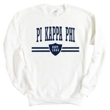 Load image into Gallery viewer, Pi Kappa Phi Sweatshirt - Pi Kapp Striped Shield Crewneck Sweatshirt - Kite and Crest
