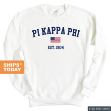 Load image into Gallery viewer, Pi Kappa Phi Sweatshirt - Pi Kapp USA Flag Crewneck Sweatshirt - Kite and Crest
