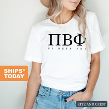 Load image into Gallery viewer, Pi Phi Pi Beta Phi Block Letter Sorority T-Shirt Shirt Tee - Kite and Crest
