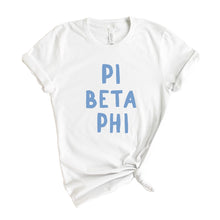 Load image into Gallery viewer, Pi Phi Pi Beta Phi Blue Bubble Letter Sorority T-Shirt Tee - Kite and Crest
