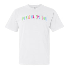 Load image into Gallery viewer, Pi Sigma Epsilon Greek Rainbow Comfort Colors T-Shirt - Kite and Crest
