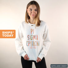 Load image into Gallery viewer, Pi Sigma Epsilon Pastel Stencil Sweatshirt - Fraternity Crewneck Sweatshirt - Kite and Crest
