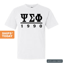 Load image into Gallery viewer, Psi Sigma Phi Black Letter Comfort Colors T-Shirt - Fraternity Tee - Kite and Crest

