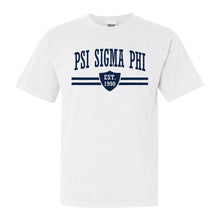 Load image into Gallery viewer, Psi Sigma Phi Striped Shield Comfort Colors T-Shirt - Fraternity Tee - Kite and Crest
