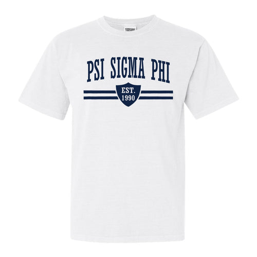 Psi Sigma Phi Striped Shield Comfort Colors T-Shirt - Fraternity Tee - Kite and Crest