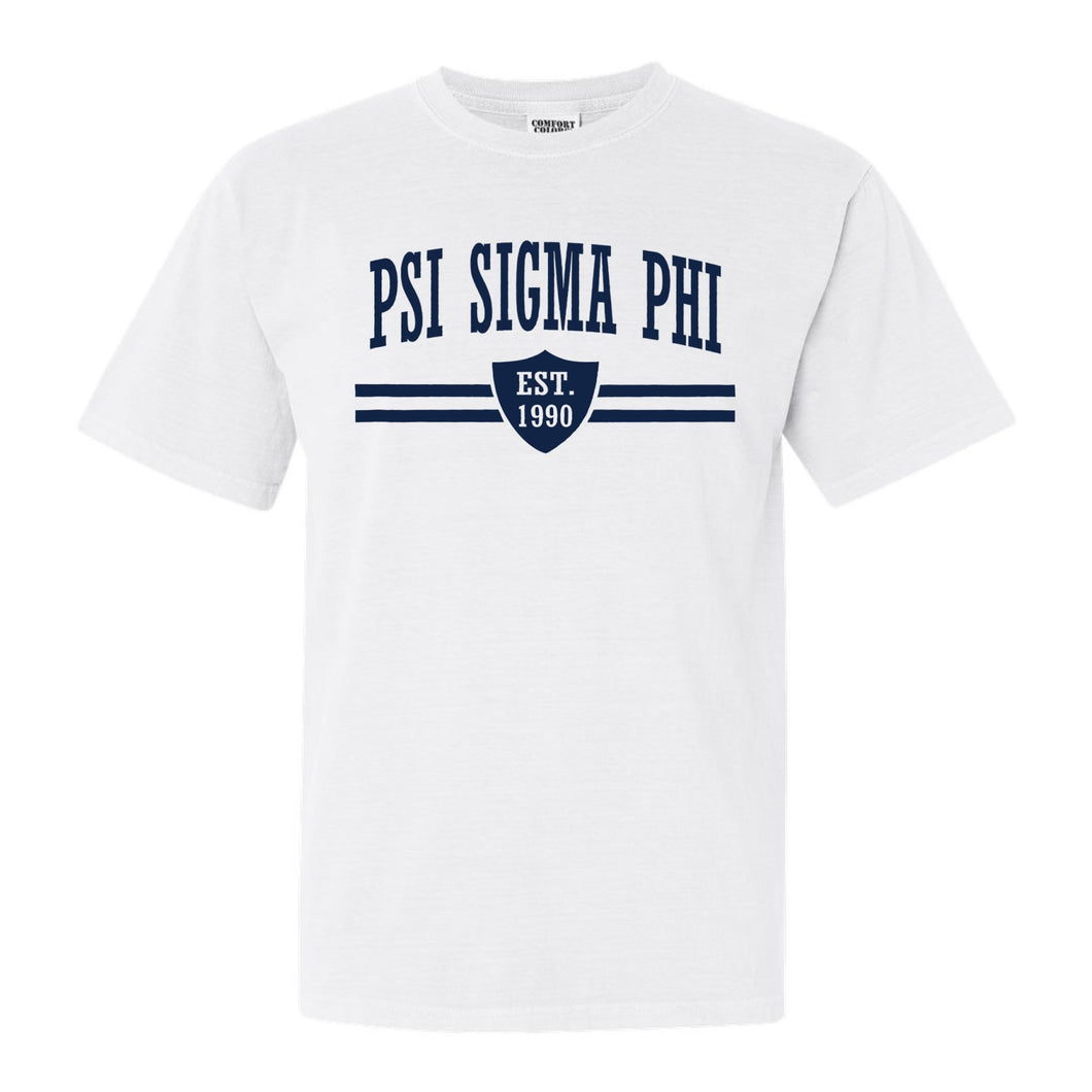 Psi Sigma Phi Striped Shield Comfort Colors T-Shirt - Fraternity Tee - Kite and Crest