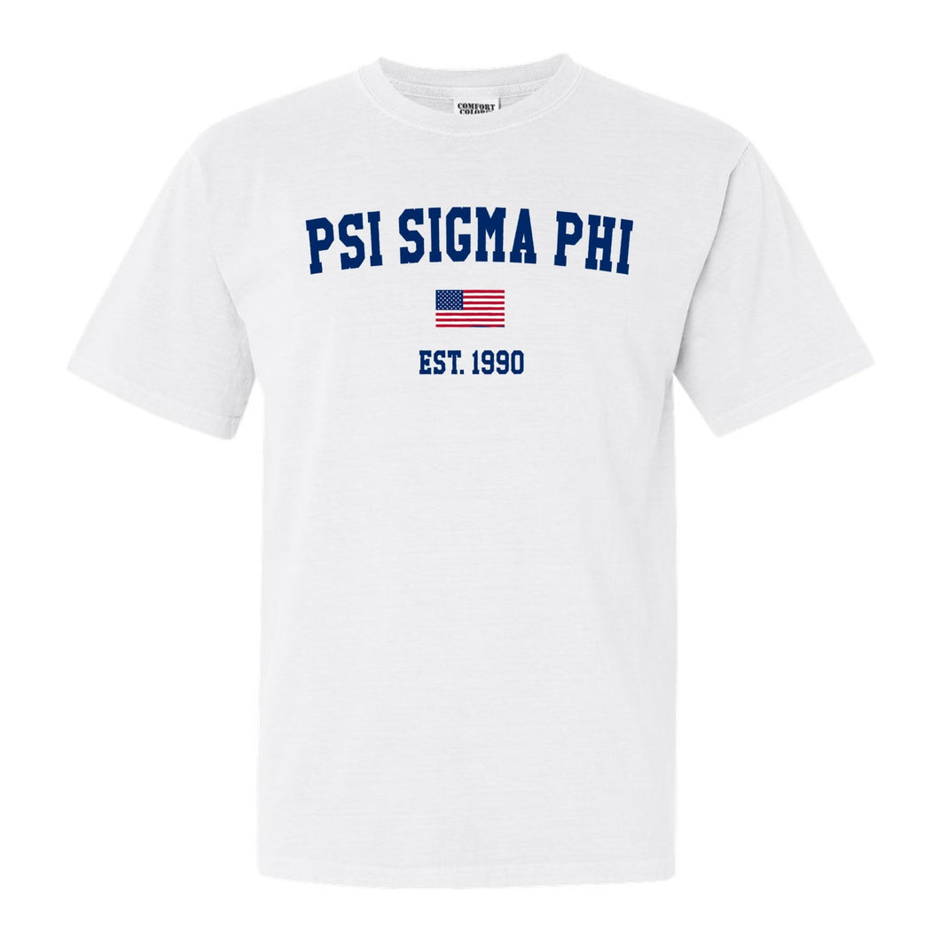 Psi Sigma Phi USA Flag Comfort Colors T-Shirt - Fraternity Tee - Kite and Crest