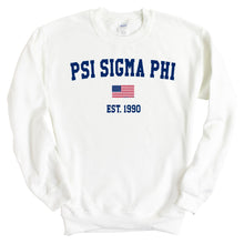 Load image into Gallery viewer, Psi Sigma Phi USA Flag Sweatshirt - Fraternity Crewneck Sweatshirt - Kite and Crest
