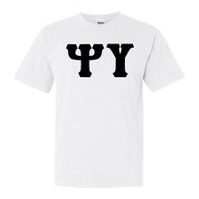 Load image into Gallery viewer, Psi Upsilon Basic Black Letters Comfort Colors T-Shirt - Fraternity Tee - Kite and Crest
