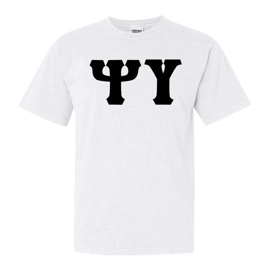 Psi Upsilon Basic Black Letters Comfort Colors T-Shirt - Fraternity Tee - Kite and Crest