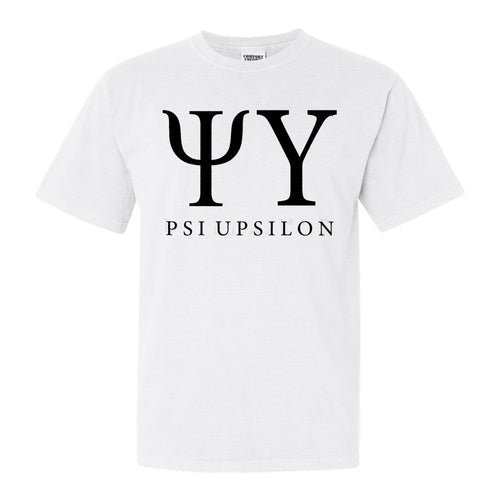 Psi Upsilon Block Letter Comfort Colors T-Shirt - Fraternity Tee - Kite and Crest
