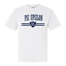 Load image into Gallery viewer, Psi Upsilon Striped Shield Comfort Colors T-Shirt - Fraternity Tee - Kite and Crest

