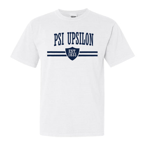 Psi Upsilon Striped Shield Comfort Colors T-Shirt - Fraternity Tee - Kite and Crest