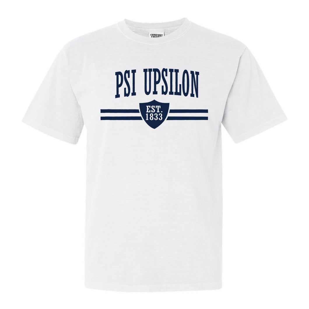 Psi Upsilon Striped Shield Comfort Colors T-Shirt - Fraternity Tee - Kite and Crest
