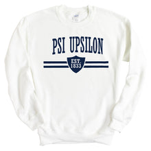 Load image into Gallery viewer, Psi Upsilon Striped Shield Sweatshirt - Fraternity Crewneck Sweatshirt - Kite and Crest
