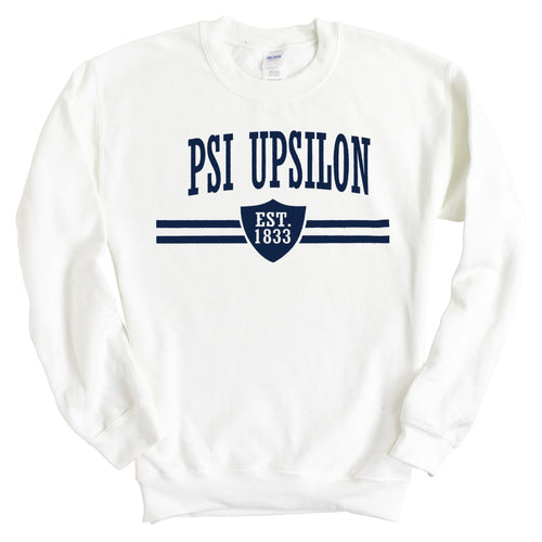 Psi Upsilon Striped Shield Sweatshirt - Fraternity Crewneck Sweatshirt - Kite and Crest