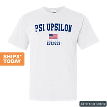 Load image into Gallery viewer, Psi Upsilon USA Flag Comfort Colors T-Shirt - Fraternity Tee - Kite and Crest
