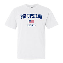 Load image into Gallery viewer, Psi Upsilon USA Flag Comfort Colors T-Shirt - Fraternity Tee - Kite and Crest
