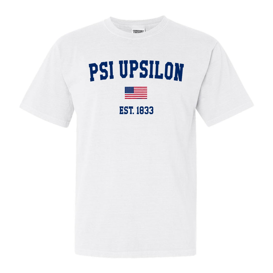 Psi Upsilon USA Flag Comfort Colors T-Shirt - Fraternity Tee - Kite and Crest