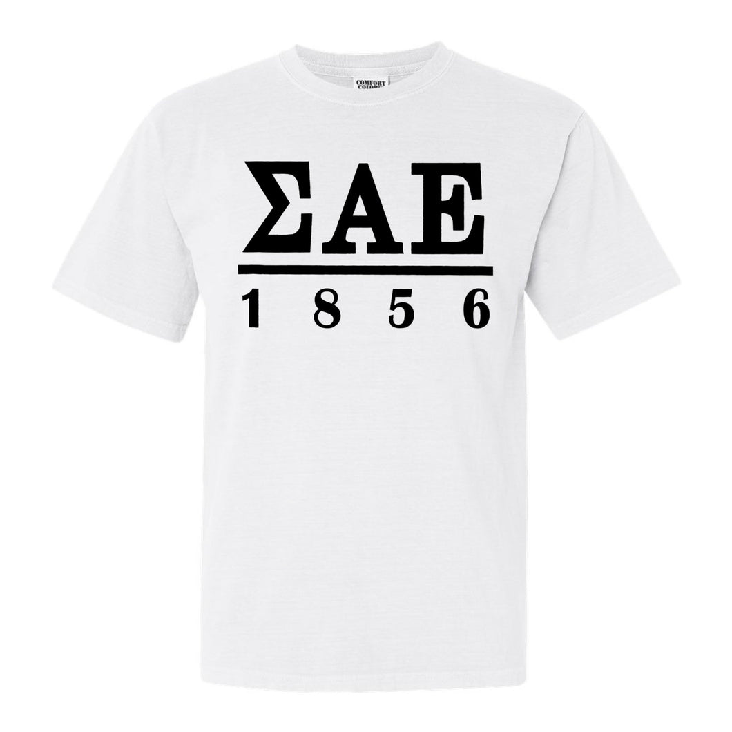 Sigma Alpha Epsilon Comfort Colors T-Shirt - SAE Black Letters Shirt - Kite and Crest