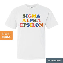 Load image into Gallery viewer, Sigma Alpha Epsilon Comfort Colors T-Shirt - SAE Retro Letters Shirt - Kite and Crest
