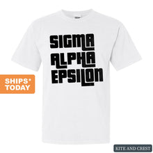 Load image into Gallery viewer, Sigma Alpha Epsilon Comfort Colors T-Shirt - SAE Stacked Letters Shirt - Kite and Crest
