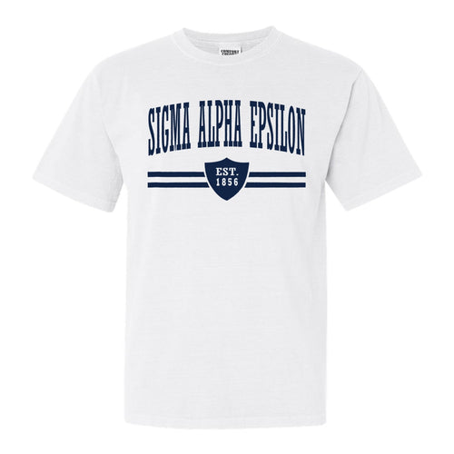 Sigma Alpha Epsilon Comfort Colors T-Shirt - SAE Striped Shield Shirt - Kite and Crest