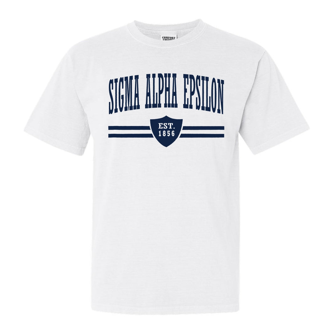 Sigma Alpha Epsilon Comfort Colors T-Shirt - SAE Striped Shield Shirt - Kite and Crest
