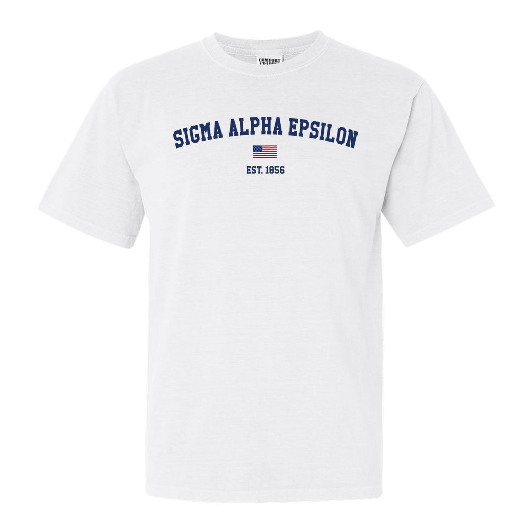Sigma Alpha Epsilon Comfort Colors T-Shirt - SAE USA Flag Shirt - Kite and Crest