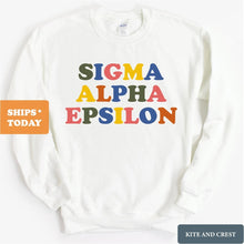 Load image into Gallery viewer, Sigma Alpha Epsilon Sweatshirt - SAE Retro Letters Crewneck Sweatshirt - Kite and Crest
