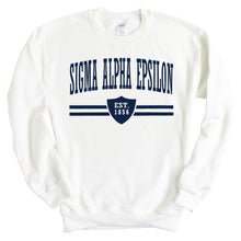 Load image into Gallery viewer, Sigma Alpha Epsilon Sweatshirt - SAE Striped Shield Crewneck Sweatshirt - Kite and Crest
