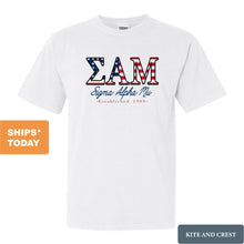 Load image into Gallery viewer, Sigma Alpha Mu Comfort Colors T-Shirt - Sammy American Flag Letters Shirt - Kite and Crest
