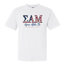 Load image into Gallery viewer, Sigma Alpha Mu Comfort Colors T-Shirt - Sammy American Flag Letters Shirt - Kite and Crest
