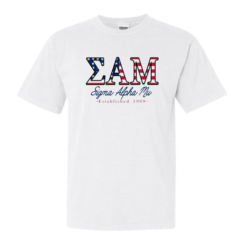 Sigma Alpha Mu Comfort Colors T-Shirt - Sammy American Flag Letters Shirt - Kite and Crest