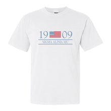 Load image into Gallery viewer, Sigma Alpha Mu Comfort Colors T-Shirt - Sammy Flag Year Shirt - Kite and Crest
