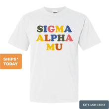 Load image into Gallery viewer, Sigma Alpha Mu Comfort Colors T-Shirt - Sammy Retro Letters Shirt - Kite and Crest
