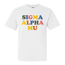 Load image into Gallery viewer, Sigma Alpha Mu Comfort Colors T-Shirt - Sammy Retro Letters Shirt - Kite and Crest
