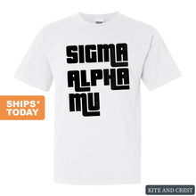 Load image into Gallery viewer, Sigma Alpha Mu Comfort Colors T-Shirt - Sammy Stacked Letters Shirt - Kite and Crest
