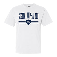 Load image into Gallery viewer, Sigma Alpha Mu Comfort Colors T-Shirt - Sammy Striped Shield Shirt - Kite and Crest
