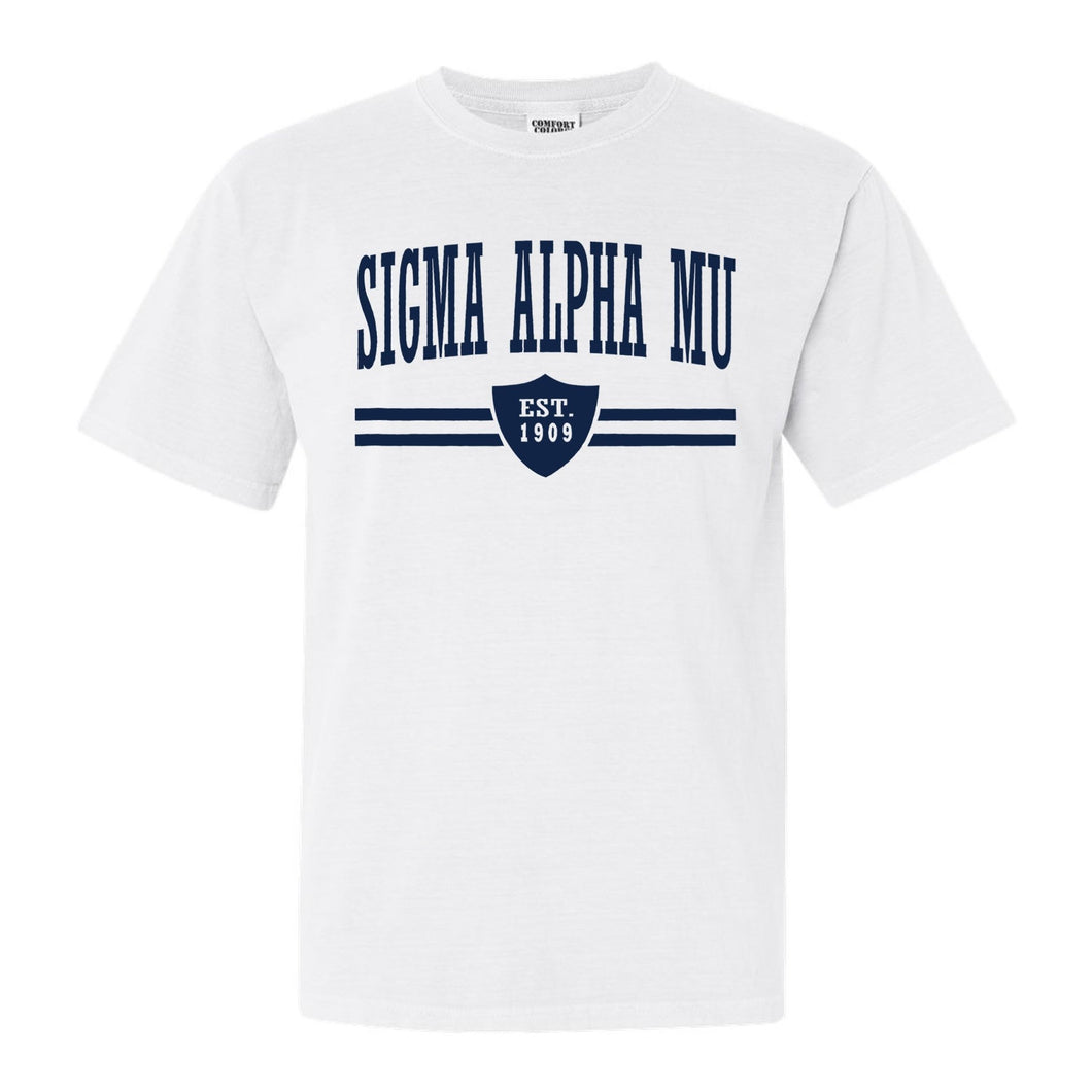 Sigma Alpha Mu Comfort Colors T-Shirt - Sammy Striped Shield Shirt - Kite and Crest