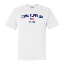 Load image into Gallery viewer, Sigma Alpha Mu Comfort Colors T-Shirt - Sammy USA Flag Shirt - Kite and Crest
