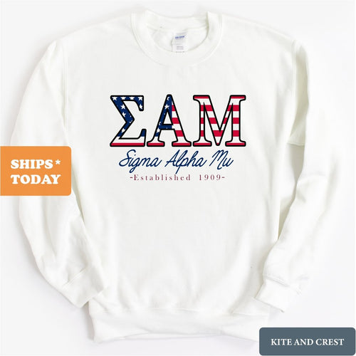 Sigma Alpha Mu Sweatshirt - Sammy American Flag Letters Crewneck Sweatshirt - Kite and Crest