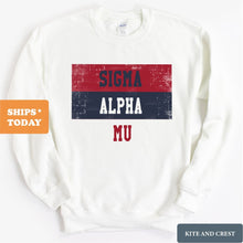 Load image into Gallery viewer, Sigma Alpha Mu Sweatshirt - Sammy Colorful Stripe Crewneck Sweatshirt - Kite and Crest
