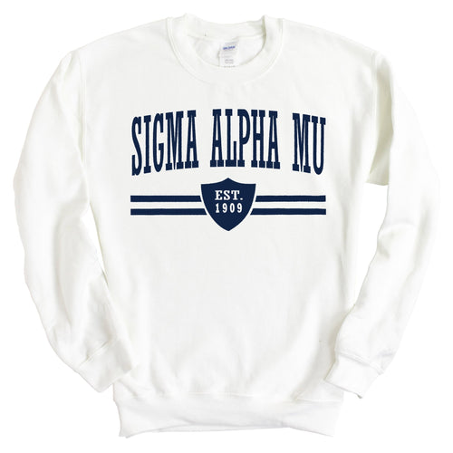 Sigma Alpha Mu Sweatshirt - Sammy Striped Shield Crewneck Sweatshirt - Kite and Crest