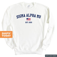 Load image into Gallery viewer, Sigma Alpha Mu Sweatshirt - Sammy USA Flag Crewneck Sweatshirt - Kite and Crest
