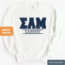 Load image into Gallery viewer, Sigma Alpha Mu Sweatshirt - Sammy Washed Letters Crewneck Sweatshirt - Kite and Crest
