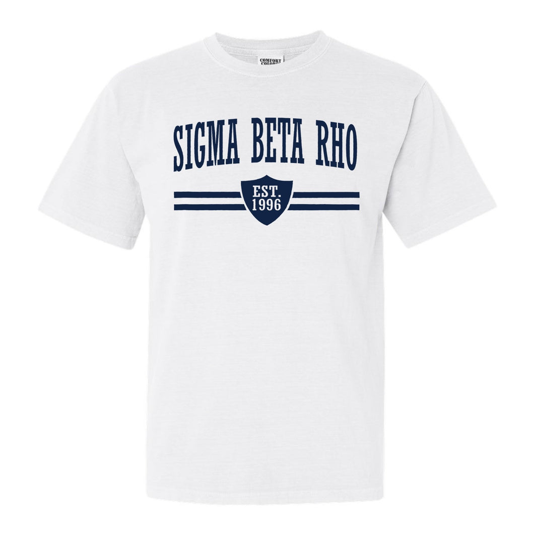 Sigma Beta Rho Striped Shield Comfort Colors T-Shirt - Fraternity Tee - Kite and Crest